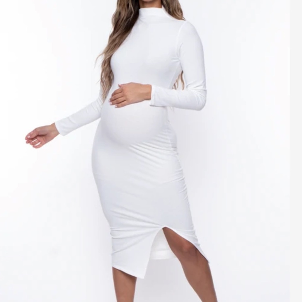 WHITE RIBBED NECK MATERNITY DRESS